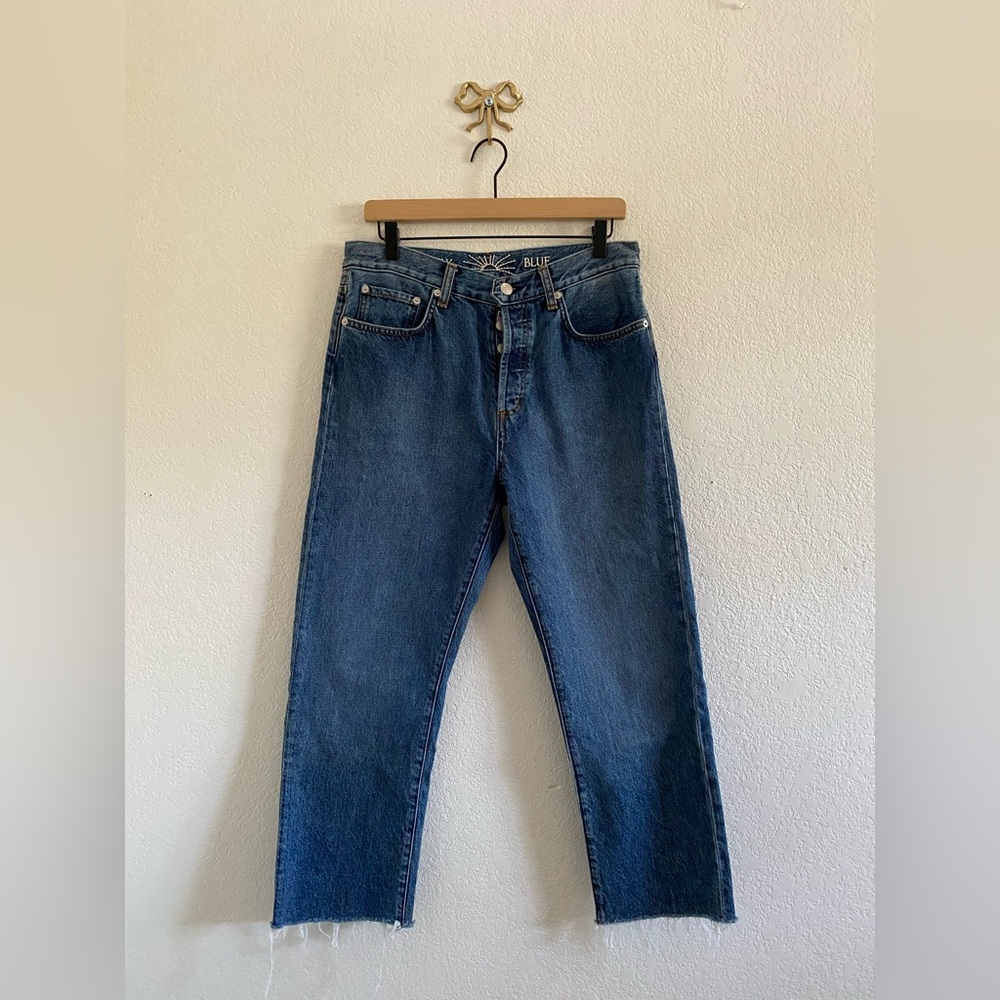 Daily Blue Hype Style Jeans Women 29 Blue EUC Button Fly Straight Ankle Raw Hem